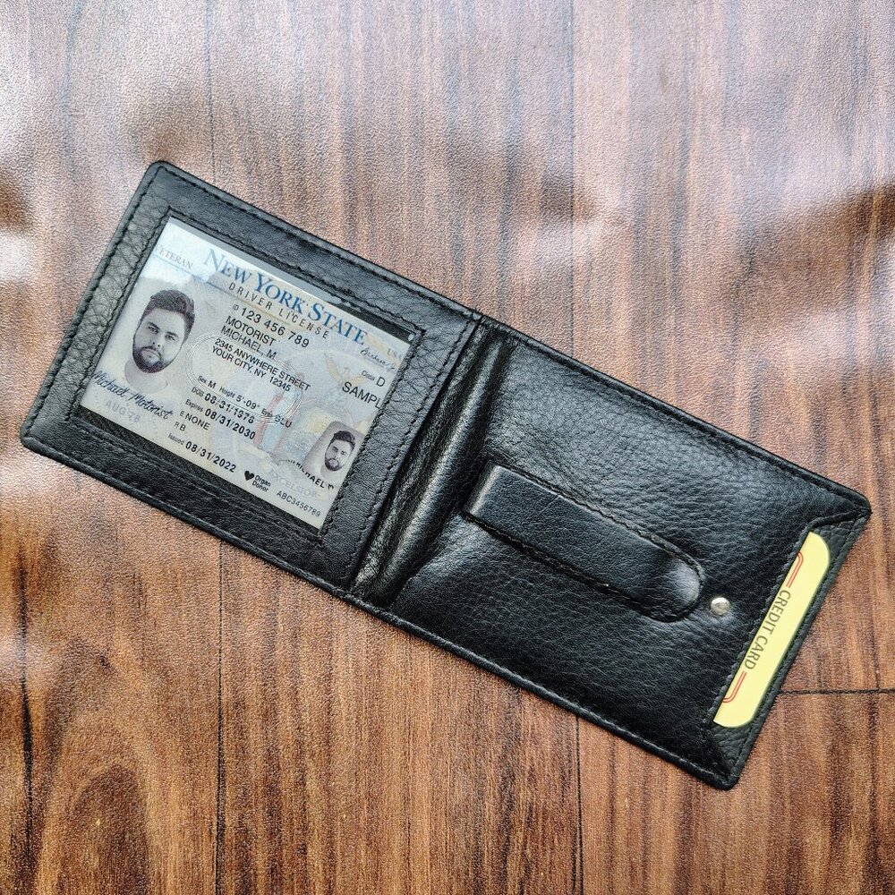 Black Leather Men's Bifold Wallet with ID Window